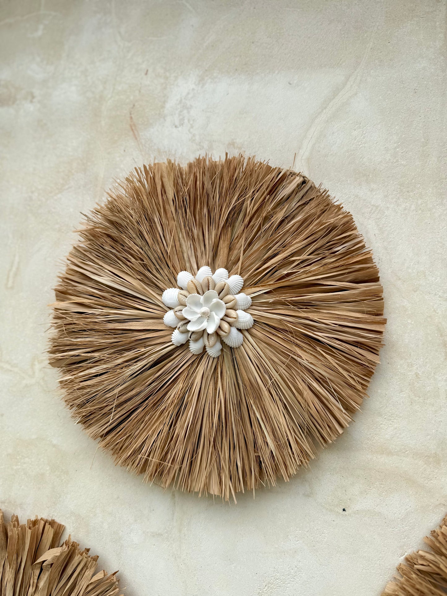 Rond mural en coquillages et plantes aquatiques séchées – décoration bohème artisanale