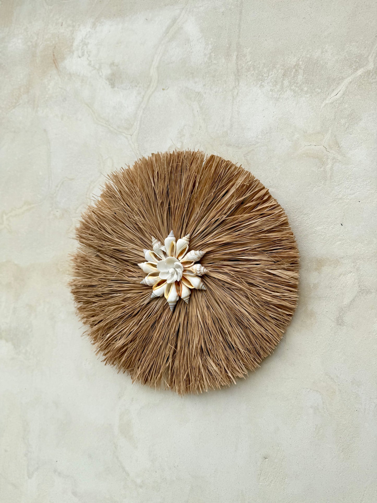 Rond mural en coquillages et plantes aquatiques séchées – artisanat de Bali