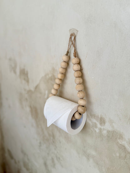 Dérouleur de papier toilette en perles de bois et corde naturelle – accessoire déco bohème