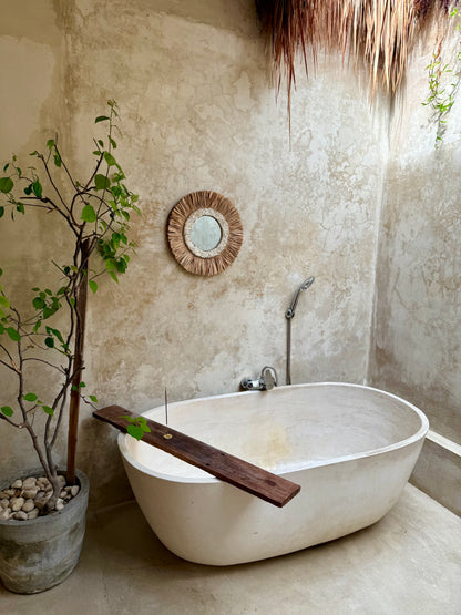 Miroir rond en coquillages anadara et fibres naturelles – décoration murale bohème de Bali