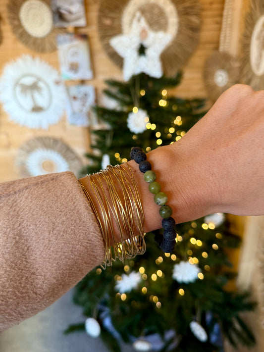 Bracelet en pierre de lave & Serpentine – Pierre d’ancrage et d’équilibre – Fait main à Bali