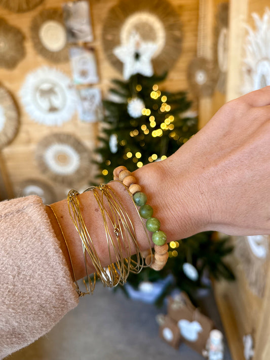 Bracelet en serpentine & bois de santal – Pierre d’ancrage et d’équilibre intérieur – Fait main à Bali