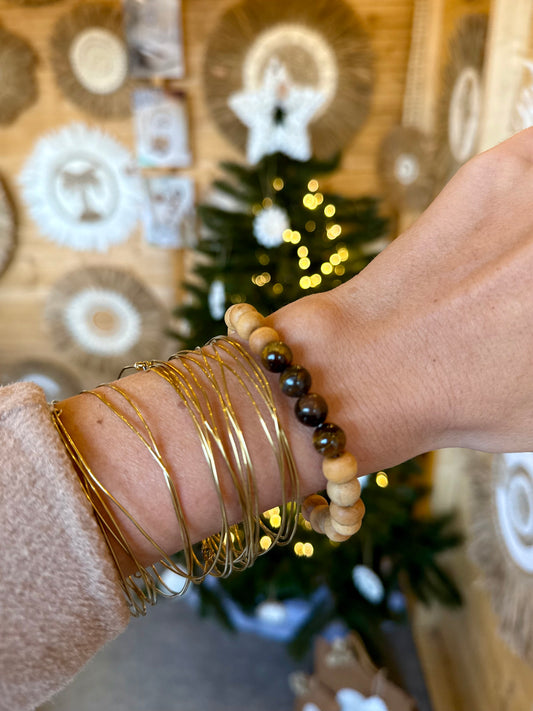 Bracelet en œil de tigre & bois de santal – Pierre de force et de protection – Fait main à Bali