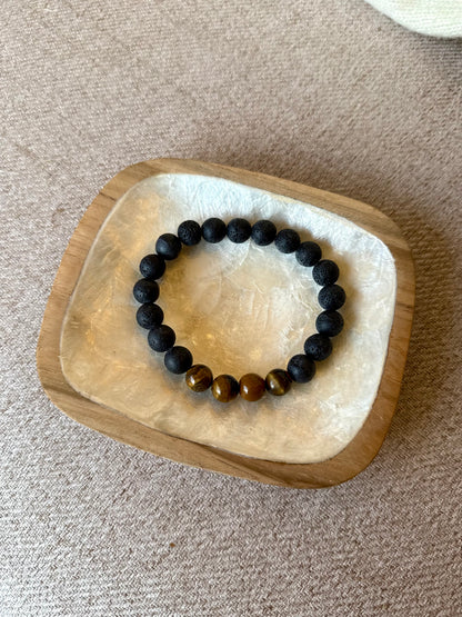 Bracelet homme en pierre de lave & œil de tigre – pierre de protection et d’ancrage – fait main à Bali